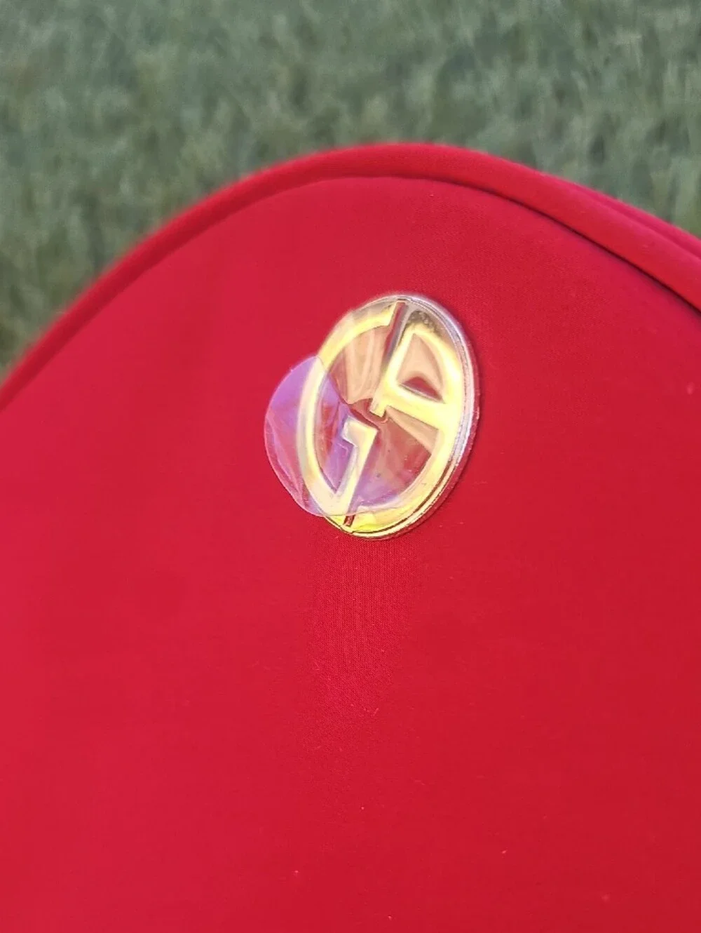 Giorgio Armani Red Round Wristlet Clutch with Gold Logo